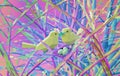 Two beautiful lovers low poly polygonal birds sitting on a colored branch pink tree with nest in fairy forest