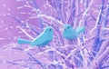 Two beautiful low poly tit birds sitting on branch, male feeds female with butterfly Royalty Free Stock Photo