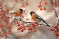 Two beautiful male bullfinches sitting on a winter branch of a mountain ash tree. Generative AI