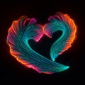Two beautiful multi-colored rainbow glowing feathers stacked in a heart shape on black, congratulatory love background, Royalty Free Stock Photo