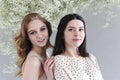 Two beautiful multicultural young women over grey background Royalty Free Stock Photo