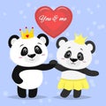 Two beautiful pandas with crowns on their heads stand with their hands, a red heart in a cartoon style.