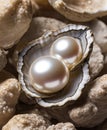 Two beautiful pearls next to each other in oyster shell Royalty Free Stock Photo