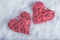 Two beautiful romantic vintage red hearts together on a white snow background. Love and St. Valentines Day concept. Royalty Free Stock Photo