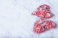 Two beautiful romantic vintage red hearts together on a white snow background. Love and St. Valentines Day concept. Royalty Free Stock Photo