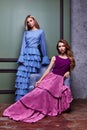 Two beautiful blond yang woman lady pretty wear long dress Royalty Free Stock Photo