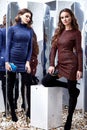 Two beautiful woman friend wear lux skinny shine blue and r