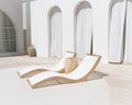 Beautiful simplistic curved beach chairs near a stone wall with arches and curtains