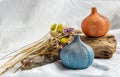 Two beautiful small ceramic vases with wooden logs on white background