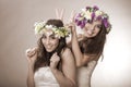 Two beautiful spring fairy , funny, friendship symbol Royalty Free Stock Photo