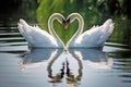 Two beautiful swans facing each other creating a heart shape