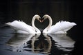 Two beautiful swans facing each other creating a heart shape