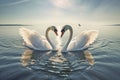 Two beautiful swans facing each other creating a heart shape