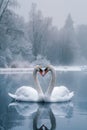 two beautiful swans on a lake shape heart, romantic swans, AI Generative Royalty Free Stock Photo