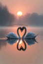 two beautiful swans on a lake shape heart, romantic swans, AI Generative Royalty Free Stock Photo