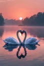 two beautiful swans on a lake shape heart, romantic swans, AI Generative Royalty Free Stock Photo