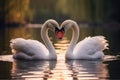 two beautiful swans on a lake shape heart, romantic swan during valentine's day, AI Generative