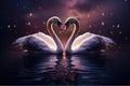 two beautiful swans on a lake shape heart, romantic swan during valentine's day, AI Generative