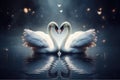 two beautiful swans on a lake shape heart, romantic swan during valentine's day, AI Generative