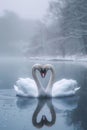 two beautiful swans on a lake shape heart, romantic swans, AI Generative Royalty Free Stock Photo