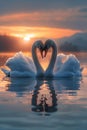 two beautiful swans on a lake shape heart, romantic swans, AI Generative Royalty Free Stock Photo