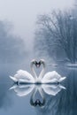 two beautiful swans on a lake shape heart, romantic swans, AI Generative Royalty Free Stock Photo
