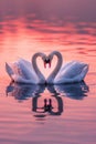 two beautiful swans on a lake shape heart, romantic swans, AI Generative Royalty Free Stock Photo