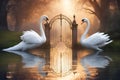 Two beautiful swans with mystical mystic divine gate and lake, angelic light like art, surreal, magic, magical concept for fairy