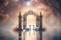 Two beautiful swans with mystical mystic divine gate and lake, angelic light like art, surreal, magic, magical concept for fairy