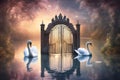 Two beautiful swans with mystical mystic divine gate and lake, angelic light like art, surreal, magic, magical concept for fairy