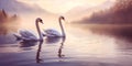 Two beautiful swans together swimming on a misty lake at dusk