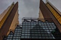 Two beautiful symmetrical buildings in the city center.Modern architecture downtown Toronto. Royalty Free Stock Photo