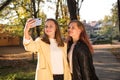 Two beautiful teen girls taking selfie on the phone while  in sunny autumn park Royalty Free Stock Photo