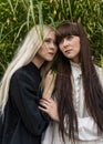 Two beautiful twin girls make style in nature, sunset