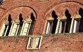 Two beautiful twin mullioned windows and an heraldic coat of arms in the red brick wall of a historic building in Lucca.