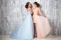 Two beautiful twins young women in luxury dresses, pastel colors Royalty Free Stock Photo