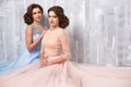 Two beautiful twins young women in luxury dresses, pastel colors Royalty Free Stock Photo