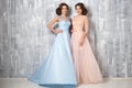 Two beautiful twins young women in luxury dresses, pastel colors Royalty Free Stock Photo