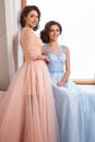 Two beautiful twins young women in luxury dresses, pastel colors Royalty Free Stock Photo