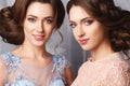 Two beautiful twins young women in luxury dresses, pastel colors Royalty Free Stock Photo