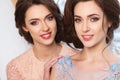 Two beautiful twins young women in luxury dresses, pastel colors Royalty Free Stock Photo