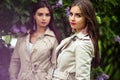 Two beautiful twins young women in trench coats near blooming lilac