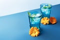 Two beautiful vintage blue glasses with cold drink and ice cubes, with fresh green mint leaves decorated with marigold