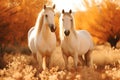 Two beautiful white horses standing on pasture in summer Royalty Free Stock Photo