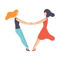Two Beautiful Women Friends Holding Hands, Happy Meeting, Female Friendship Vector Illustration