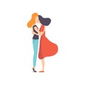 Two Beautiful Women Friends Hugging, Side View, Happy Meeting, Female Friendship Vector Illustration
