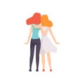 Two Beautiful Women Friends Hugging Standing Together, Back View, Female Friendship Vector Illustration
