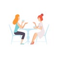 Two Beautiful Women Friends Sitting in Cafe, Female Friendship Vector Illustration