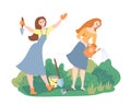 two girl garden work watering can shovel color back