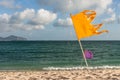 Two beautiful yellow and purple flags are on the gold beach on the wet sand by turquoise sea on the sky with clouds background Royalty Free Stock Photo